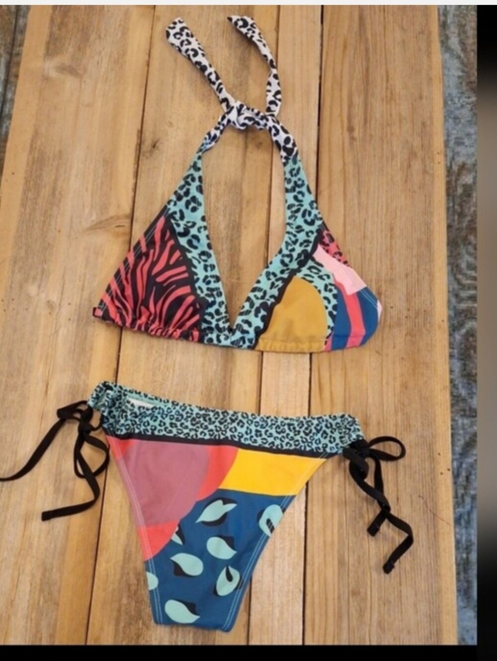 Multicolor Patterned Triangle Bikini - Teal, Yellow, Pink, Black. Size XS